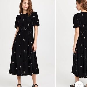 Sea  velvet rubina embroidery puff sleeve midi dress